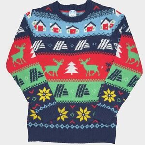 ALDI GEAR Holiday Sweater XS Navy Multi Ugly Christmas Reindeer Crewneck NWT